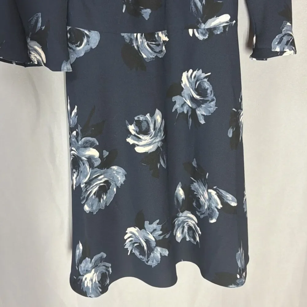 Kate Spade Dress Women’s Size 0 Blue Floral Rose  A Line 3/4 Bell Sleeve